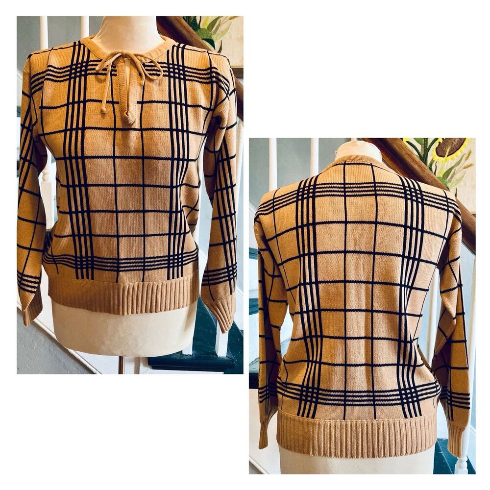 1970s Camel And Black Windowpane Plaid Top Sweater Tie Neck Secretary School Mod